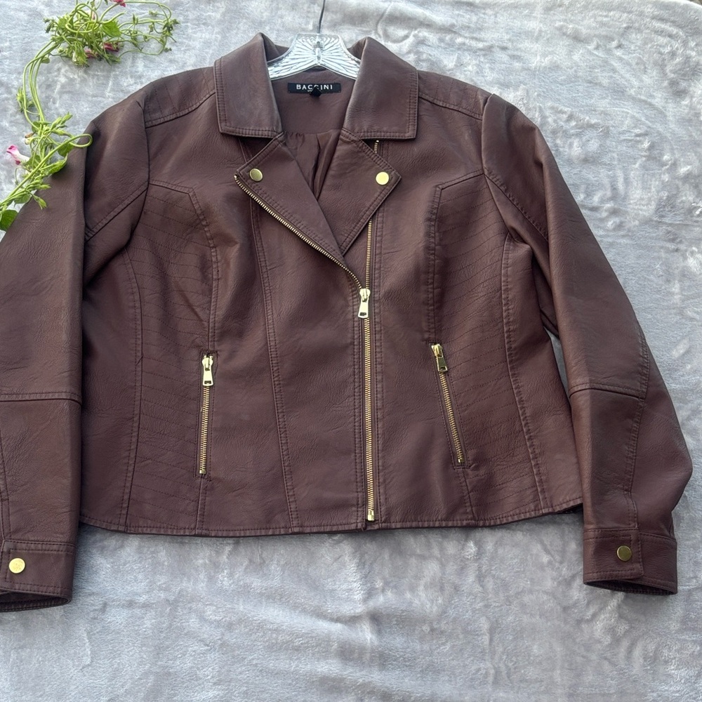 Baccini 1978 Chocolate Brown Leather Jacket with Gold Accents Size XL